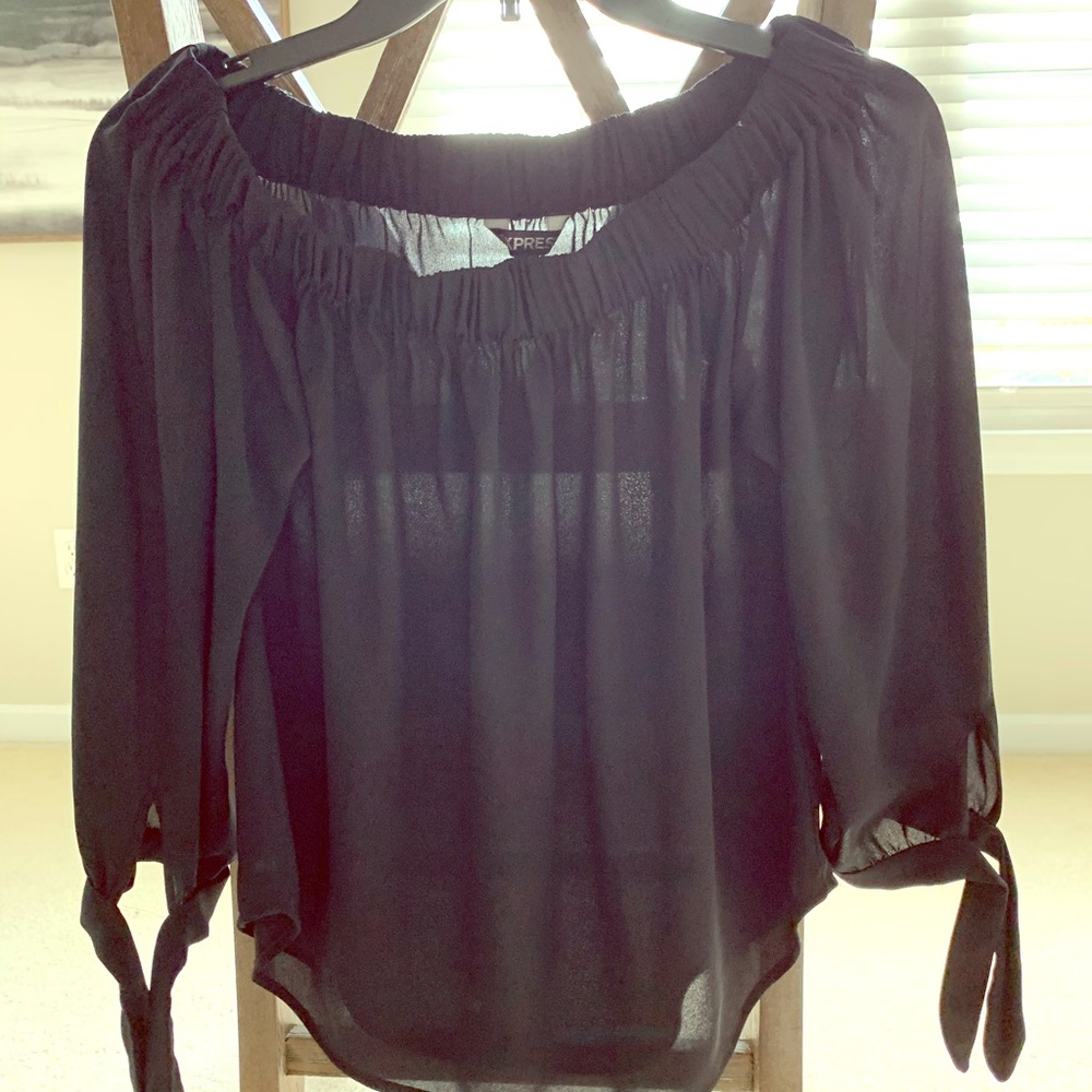Express off the shoulder shirt with tie sleeves